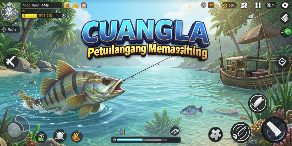 Tampilan gameplay CUANGILA saat memancing di lokasi indah.
