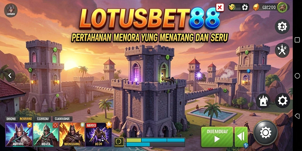 Screenshot menunjukkan aksi seru dalam pertahanan menara LOTUSBET88.