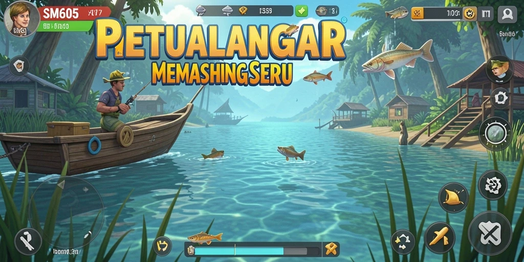 Tampilan gameplay SM605 yang menampilkan suasana memancing yang seru.